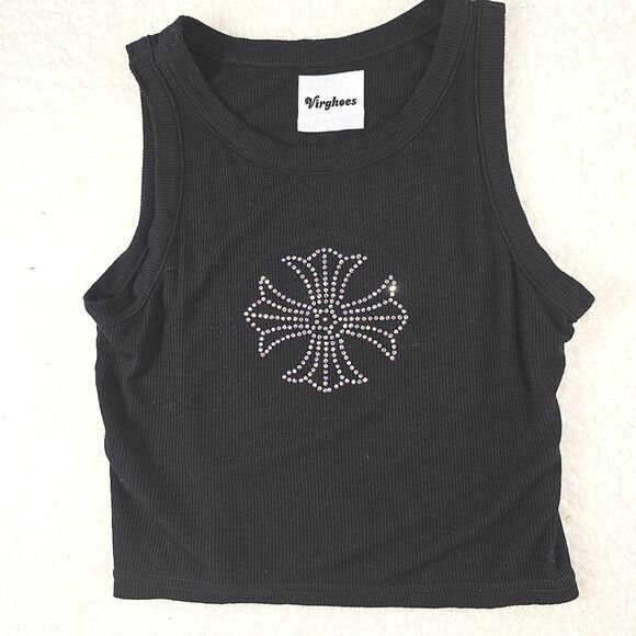 Virghoes Tops - Virghoes Biker Cross Tank Blingy Tee Black Size Small
